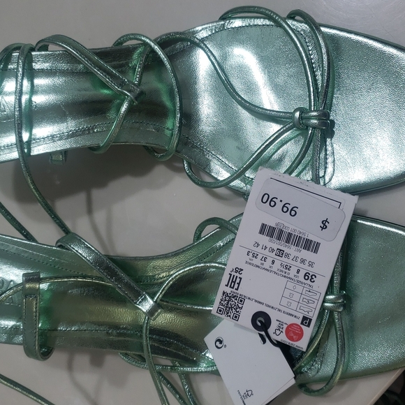 ZARA BLUE COLLECTION GREEN METALLIC LEATHER HEELS - Picture 8 of 12